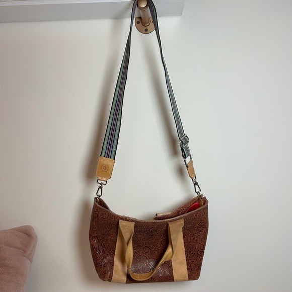 Consuela Sally Carryall Tote Bag Brown Embossed Leather Detachable Strap - Picture 7 of 12